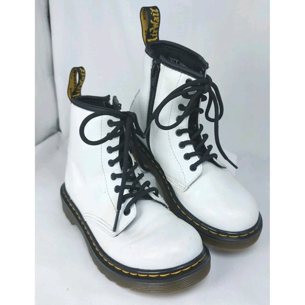 Doc Martens Air Wair 1460J Girls Combat Boots White Lace-Up Side Zip‎ Sz 1 *READ